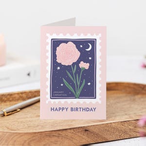 January Birth Flower Birthday Card - Carnation Birthday Card - Flower Stamp Card - January Baby Card - January Birth Flower Card image 4