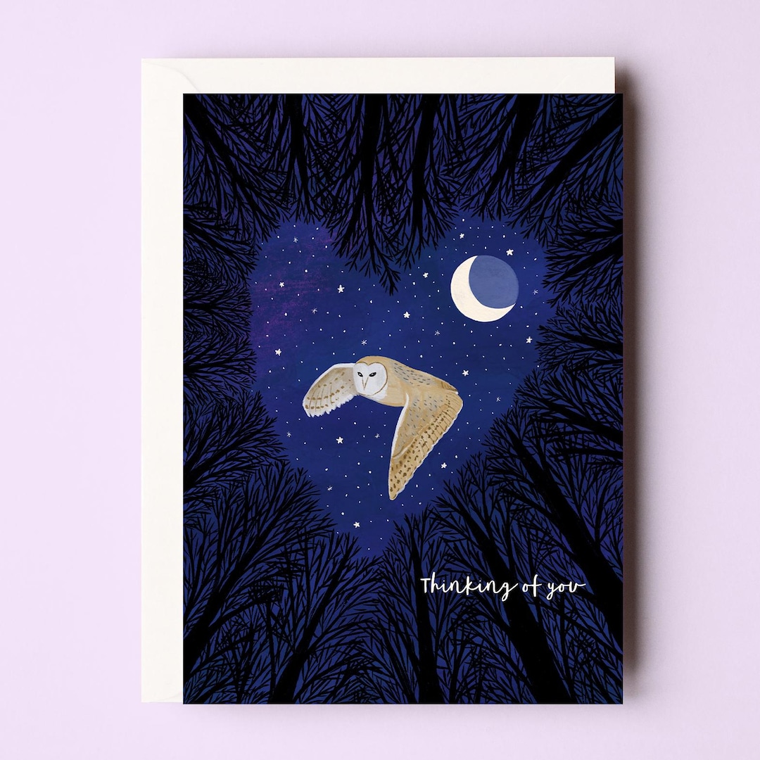 Thinking of You Card - Flying Barn Owl Card - Forest at Night Card ...