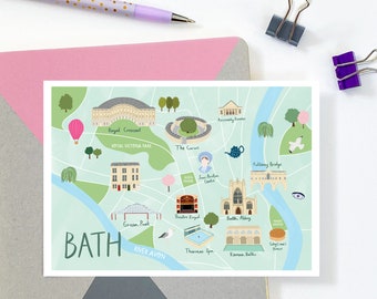 Bath Map Postcard - Bath Map Illustration - Bath Mini Art Print - Bath Landmark Map - Bath Illustrated Map - Bath Gift - Bath Visitor Map