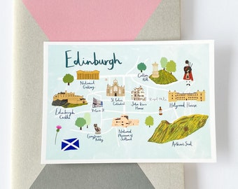 Edinburgh Map Postcard - Map of Edinburgh Postcard - Illustrated Edinburgh Map - Scotland Postcard - Edinburgh Souvenir