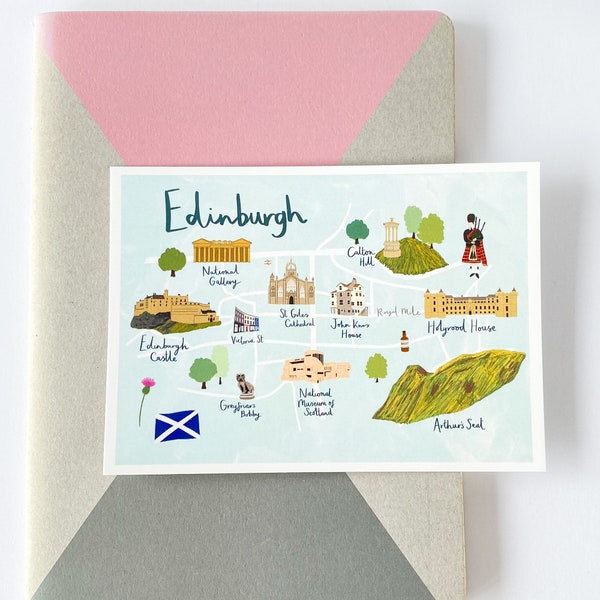 Edinburgh Map Postcard - Map of Edinburgh Postcard - Illustrated Edinburgh Map - Scotland Postcard - Edinburgh Souvenir