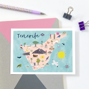 Tenerife Map Postcard - Tenerife Postcard - Map of Tenerife - Canary Islands Map - Illustrated Tenerife Map - Tenerife Gift