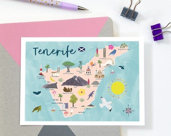 Carte postale de Ténérife - Carte postale de Ténérife - Carte de Ténérife - Carte des îles Canaries - Carte illustrée de Ténérife - Cadeau de Ténérife