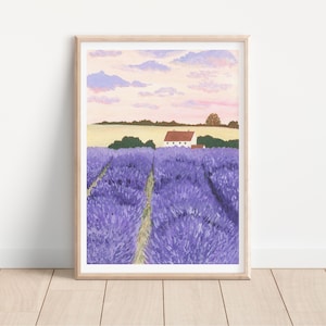 May include: A painting of a lavender field with a small white house in the distance. The sky is a soft pink and orange, and the lavender is a vibrant purple.