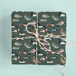 May include: A wrapped gift with duck-themed wrapping paper. The paper is dark green and features various illustrations of ducks in different poses. The gift is tied with white and gold twine, creating a decorative presentation.