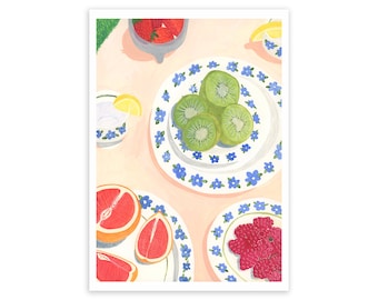 Summer Picnic Art Print - Fruit Salad Picnic Print - Still Life Art Print - Still Life Gouache Painting - Fruit Art Print - Fruit Print