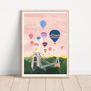 Balony nad Bristolem Wydruk artystyczny - Wydruk balonów w Bristolu - Wydruk mostu Clifton w Bristolu - Wydruk artystyczny balonów na ogrzane powietrze - Zachód słońca w Bristolu