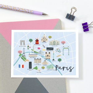 Carte postale plan de Paris - carte postale plan de Paris illustrée - impression d'art plan de Paris - carte postale illustrée de la ville - carte postale cadeau de voyage