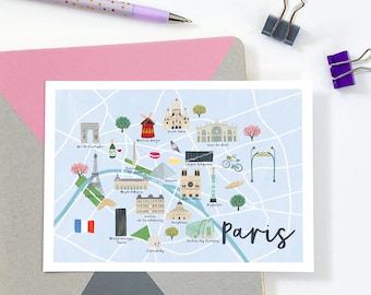 Carte postale plan de Paris - carte postale plan de Paris illustrée - impression d'art plan de Paris - carte postale illustrée de la ville - carte postale cadeau de voyage