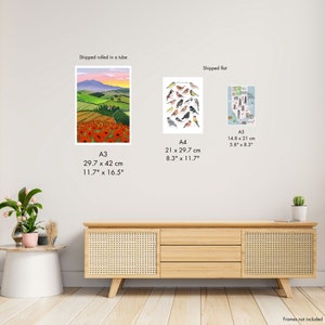 May include: Three different sizes of prints, A3, A4, and A5, are shown on a white wall. The A3 print is a landscape scene with a rolling green hill, a red poppy field, and a blue sky with pink clouds. The A4 print is a colorful illustration of a variety of birds. The A5 print is a map of a park. The prints are displayed on a wall above a wooden cabinet with a woven rattan front.