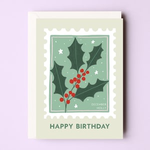 December Birth Flower Birthday Card - Holly Birthday Card - December Flower Card - Holly Birth Flower Card - Flower Stamp Card
