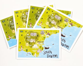 South Devon Postcard - Illustrated Map - Map of Devon - Devon Map Postcard - Illustrated Devon Map - Travel Postcard - Torbay Postcard