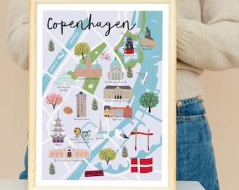 Mappa di Copenaghen stampata - Mappa illustrata di Copenaghen, Danimarca