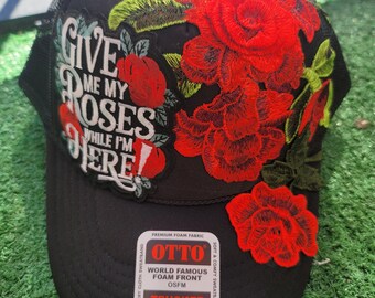 Handmade Embellished \'Give Me My Roses\' Trucker Hat - Pink & Black Embroidered Rose Trucker Hat - Etsy main image 4