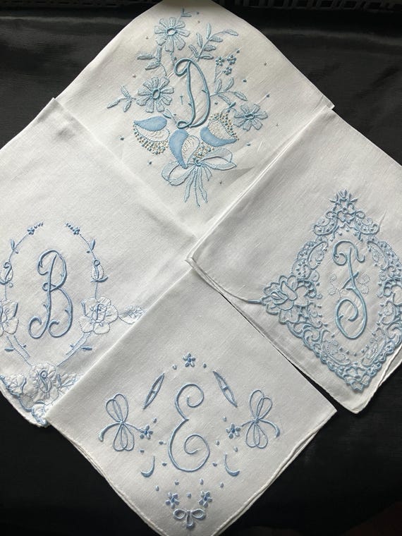 Something Old Wedding Handkerchief Blue Embroider… - image 1