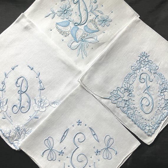 Handkerchief Vintage Wedding Gift For Bride Monogrammed Blue Initial Hankies Bridal Something Old Gift