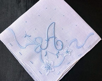 Wedding Handkerchief for Bride, Blue Wedding Hankie, Initial R B E F S D G M or N on White Hankie