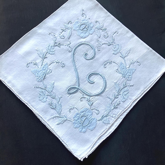 Initial Handkerchief Gift for Bride Something Old Blue Wedding Vintage Handkerchiefs Monogrammed Hankies Gift
