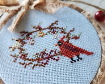 PDF Download / Cardinal Cross Stitch Ornament Pattern, X Stitch Chart, Winter Cross Stitch Pattern, Cute X Stitch Pattern, Holly X Stitch