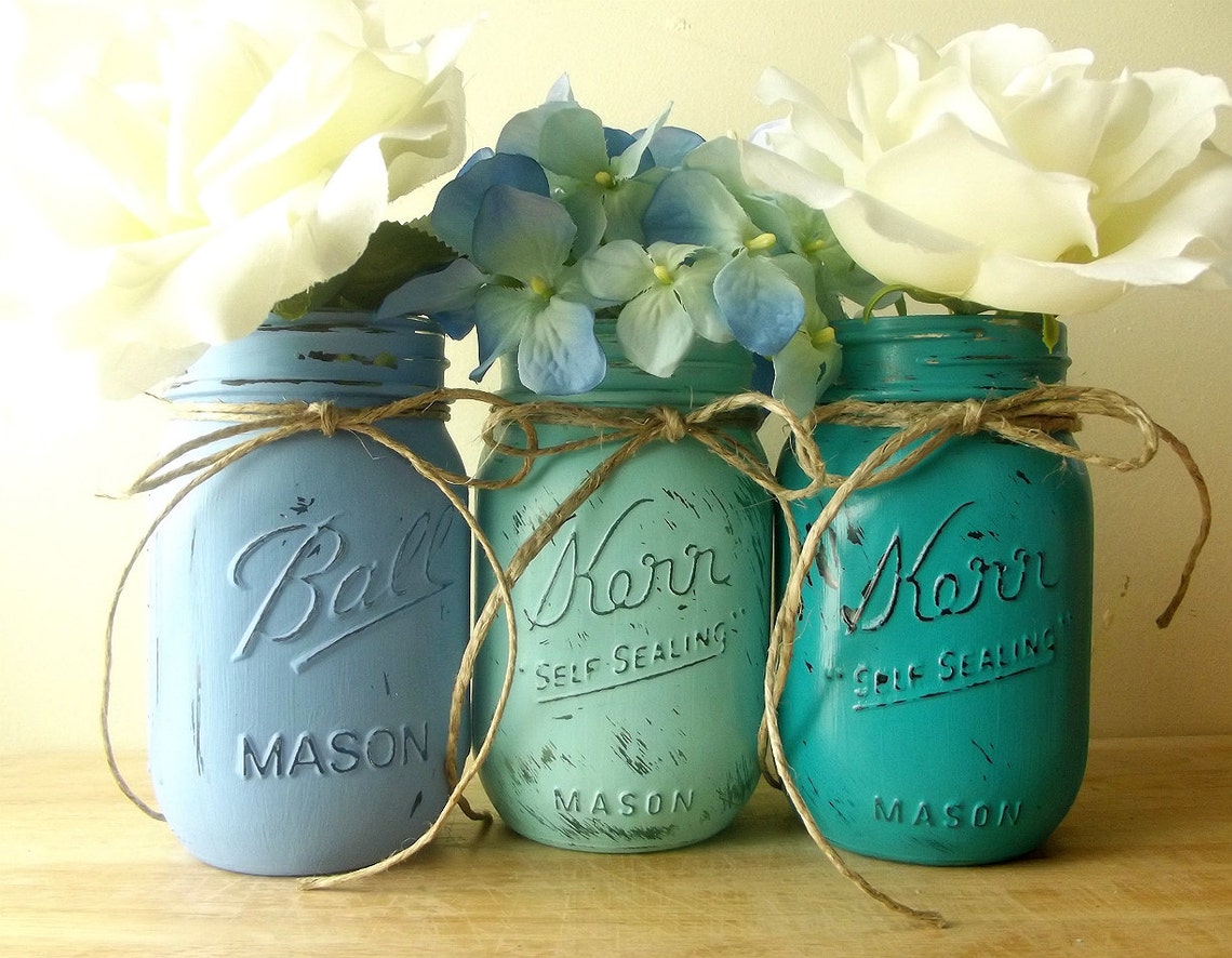 Painted Mason Jars Blue Mason Jars Rustic Chic Decor Home Etsy