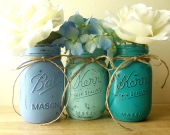 Painted Mason Jars, Blue Mason Jars, Rustic Chic Decor, Home Decorating, Mason Jar Decor, Distressed Decor, Rustic Home Decor