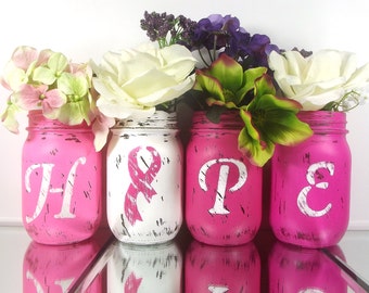 HOPE, Painted Mason Jars, Breast Cancer Awareness Decor, Pink Mason Jars, Breast Cancer Decor, Colorful Home Decor, Rustic Centerpiece