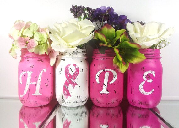 Hope Painted Mason Jars Breast Cancer Awareness Decor Pink Etsy