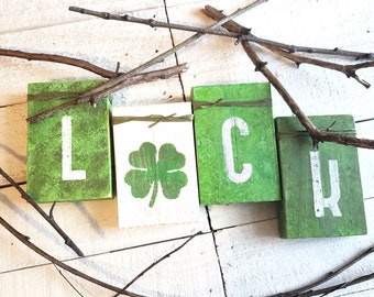 St Patricks Day Tiered Tray Decor Bundle, Mini Wood Sign, Shelf Sitter Sign, Mantle Decor, Country Shelf Sitter, Luck Shelf Sitter, Set of 4