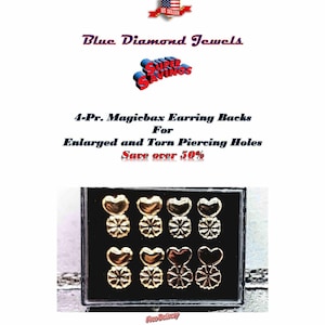 May include: A set of eight gold-toned earring backs in a clear plastic box. The backs are designed for enlarged or torn piercing holes. The text on the box reads "4-Pr. Magicbax Earring Backs For Enlarged and Torn Piercing Holes Save over 50%"