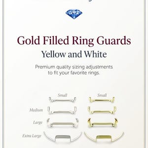 May include: Blue Diamond Jewels gold filled ring guards in yellow and white. The image displays various sizes labeled small, medium, large, and extra large. These metal ring adjusters are designed to fit rings, shown in two vertical columns.