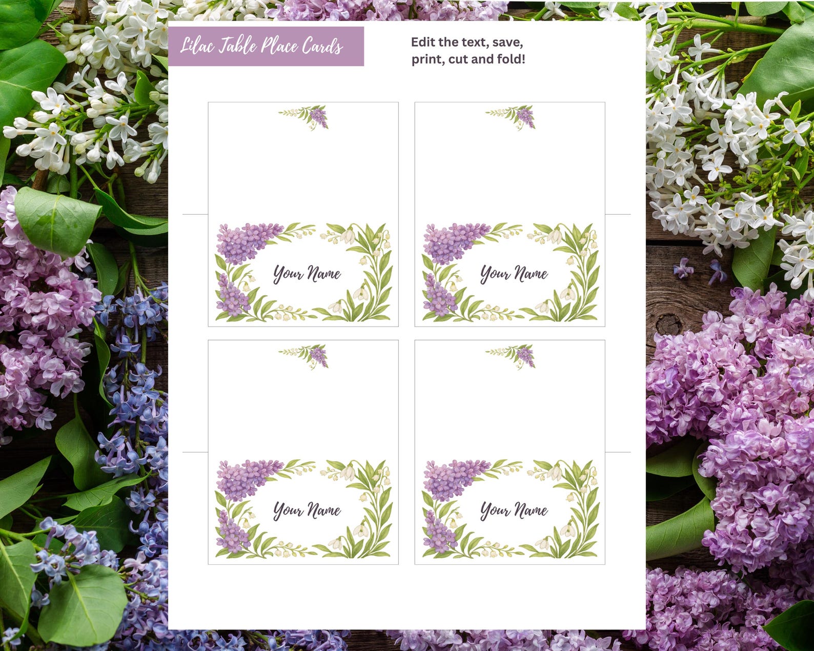 Lilac Flash Card.pdf Lilac Floral Place Cards – Editable Tent Table Cards (PDF & Canva) - Etsy