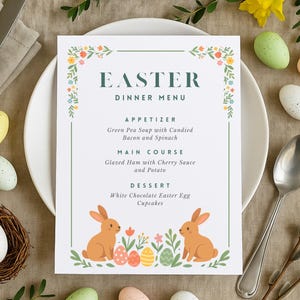 Plantilla de menú de Pascua editable para Canva / Diseño de conejito / Menú imprimible de 21,5 x 28 cm / Decoración para fiesta de primavera / Descarga instantánea