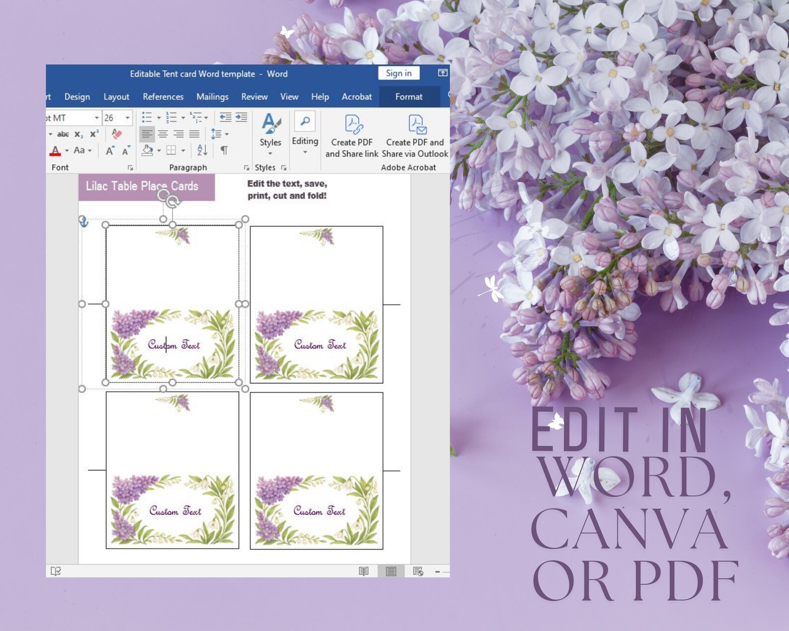 Lilac Flash Card.pdf Lilac Floral Place Cards – Editable Tent Table Cards (PDF & Canva) - Etsy