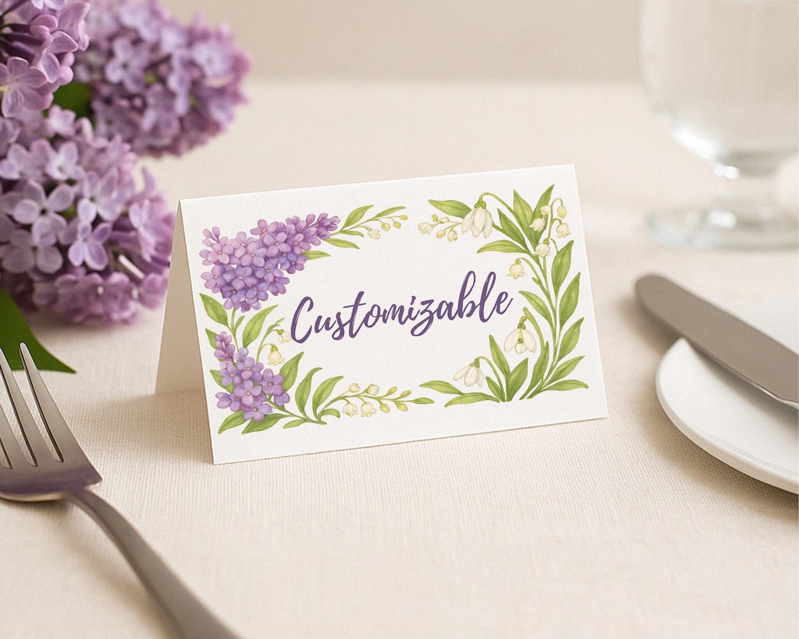 Lilac Flash Card.pdf Editable Lilac Floral Place Cards – Tent Table Cards PDF & Canva ...