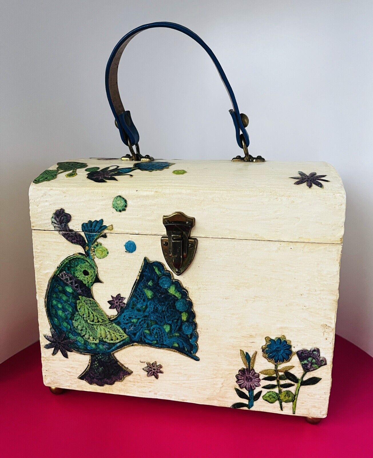 Vintage Colorful Peacock Decoupage Wooden Felt-Lined Purse with Birds Girl Flowers Cat and Snail