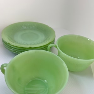 Fire King Anchor Hocking "Alice" Jadeite Cups (2) and Saucers (5) - buy individually OR in a set - excellent condition!
