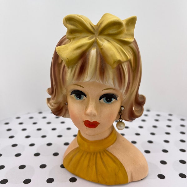 Vintage Royal Crown "Les Girl" #3664 Lady Head Vase 5 1/2 inches Tall Yellow Halter Top and Bow