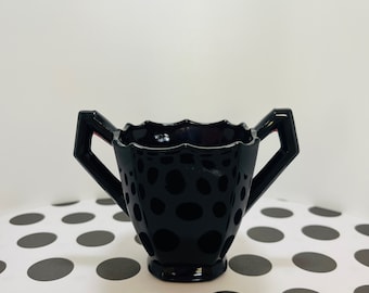 Vintage Black Amethyst Glass Scalloped Rim Sugar Bowl Trophy Handles