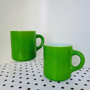 Pair of Vintage Hazel Atlas Grass Green Orange Peel Texture Stackable Milk Glass Mugs