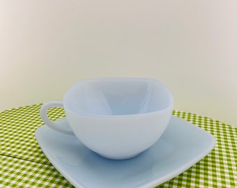 Vintage Fire King Azur-ite Teacups and Saucers: Light Blue Milk Glass, Sold Individually