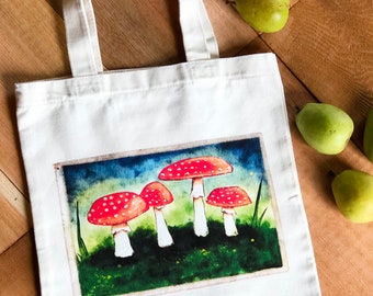 Handmade Mushroom Tote Bag, Amanita Mushroom Original Not AI Art, Sturdy Gusseted Book or Project Bag, Gift for Nature Lover