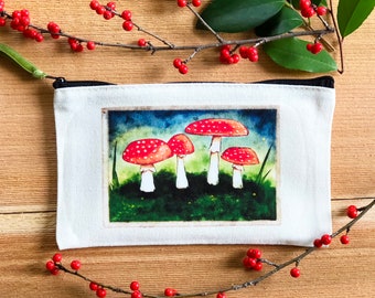 Cute Amanita Mushroom Cosmetic Travel Bag, Handmade Red Mushroom Original Art Zipper Pouch, Not AI
