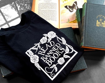 Handmade Banned Books Shirt, T-Shirt for Librarians, Read Freely, Non-AI Original Art Bookish Tee