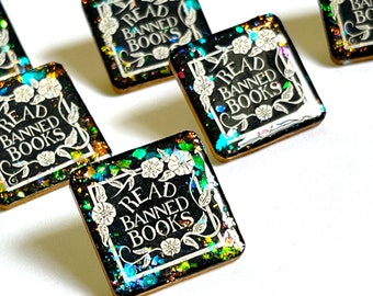 Read Banned Books Sparkle Lapel Pin, Handmade Wood Pin Badge, Gift for Readers, Librarians, Teachers, Bookish Sparkly Book Lover Flare