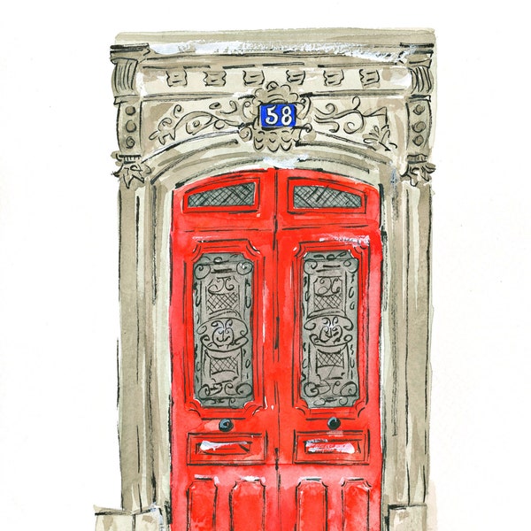 Door art, architectural art, Paris doors, red door, Paris building, watercolor architectural art, travel wall art