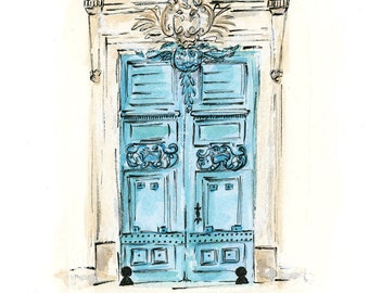 Paris architecture, door art, watercolor Paris, Paris doors, blue and white art print, architectural print, Travel wall art