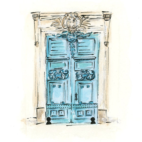 Paris architecture, door art, watercolor Paris, Paris doors, blue and white art print, architectural print, Travel wall art