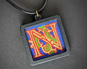 Medieval Initial Pendant, Letter N, Ottonian Style Illumination, Hand Painted on Wood