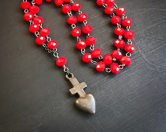 Cora Necklace, Red Rosary Milagro Sacred Heart Pendant, Vivid Crimson Jewelry, Ex Voto