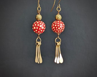 Red & White Dots with Brass Dangles, Hand Painted Art Earrings, Amanita, Fly Agaric